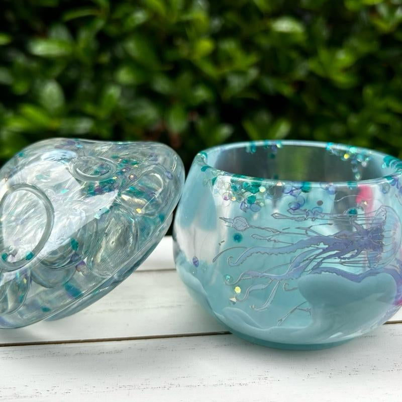 Aqua Jellyfish Glass Vanity Jar – Handmade Resin Trinket & Jewelry Organizer