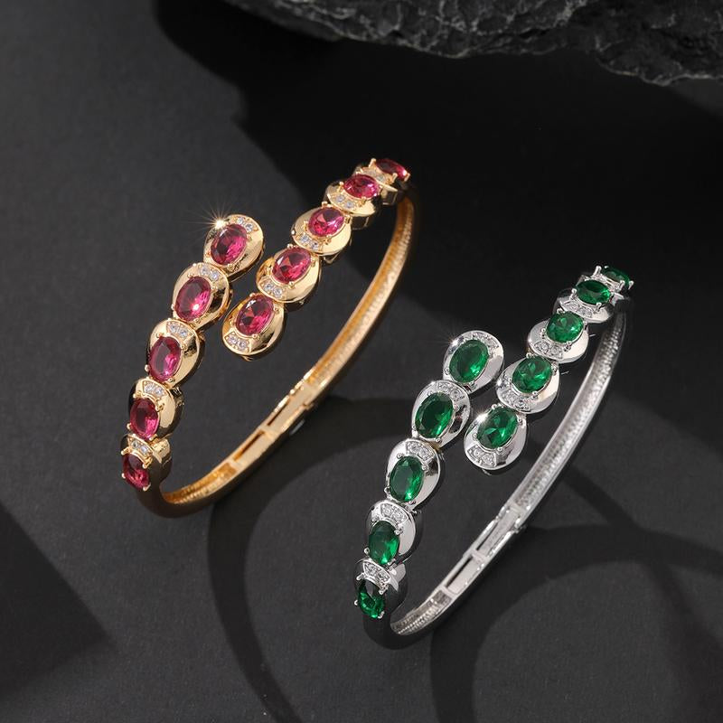 Crystal Gem Bangle – Gold & Silver Plated Statement Bracelet (Emerald Green)