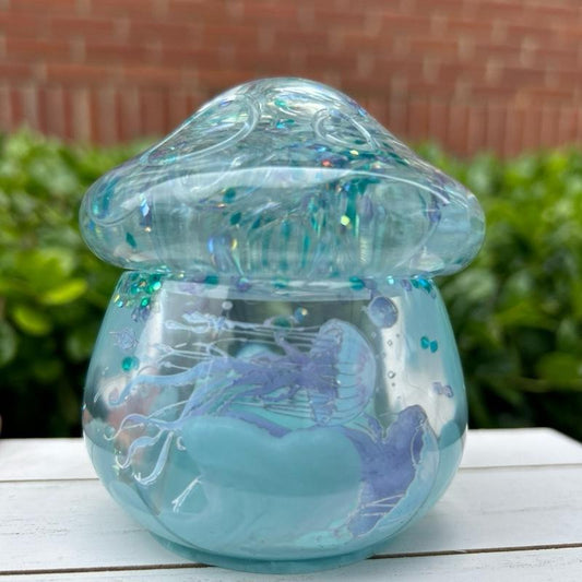 Aqua Jellyfish Glass Vanity Jar – Handmade Resin Trinket & Jewelry Organizer